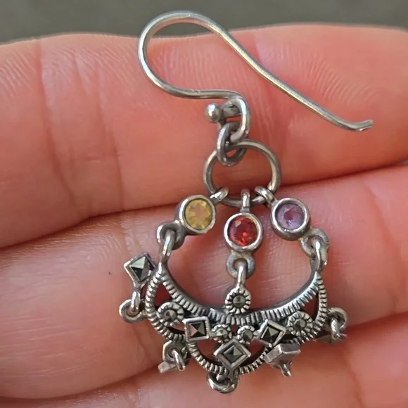 Elegant Sterling Silver Marcasite Chandelier Earrings with Mulitcolor Stones - Picture 5 of 5